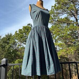 Vintage 50s Teal Cotton Novelty Print Full Circle Skirt Midi Dress XL